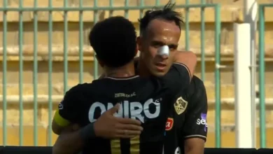 ناصر منسي وعمر جابر من الاحتفال بالهدف الأول في مباراة الزمالك ضد سيراميكا بالدوري المصري اليوم .. سجله منسي في الدقيقة 14