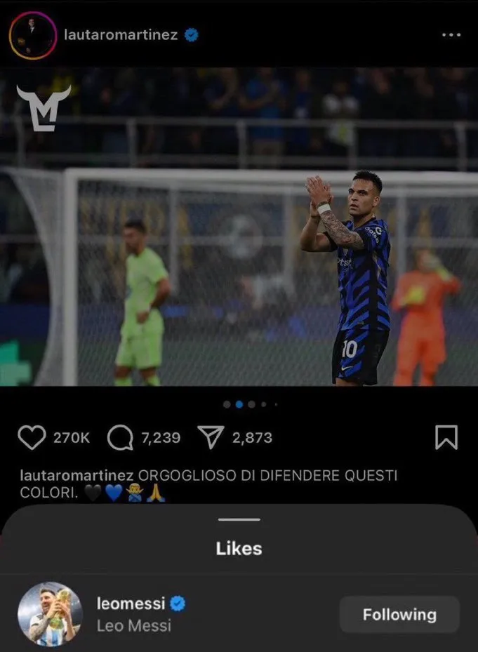 ميسي يضع اعجاب على بوست تأهل انتر ضد برشلونة