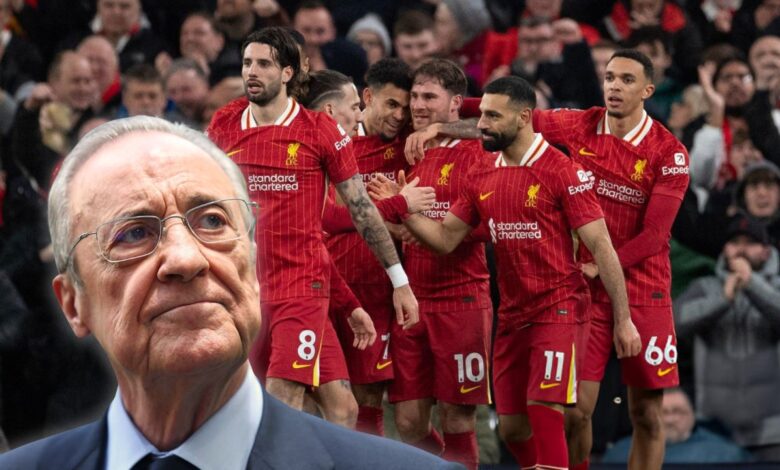 فلورنتينو بيريز رئيس نادي ريال مدريد ولاعبي ليفربول الإنجليزي